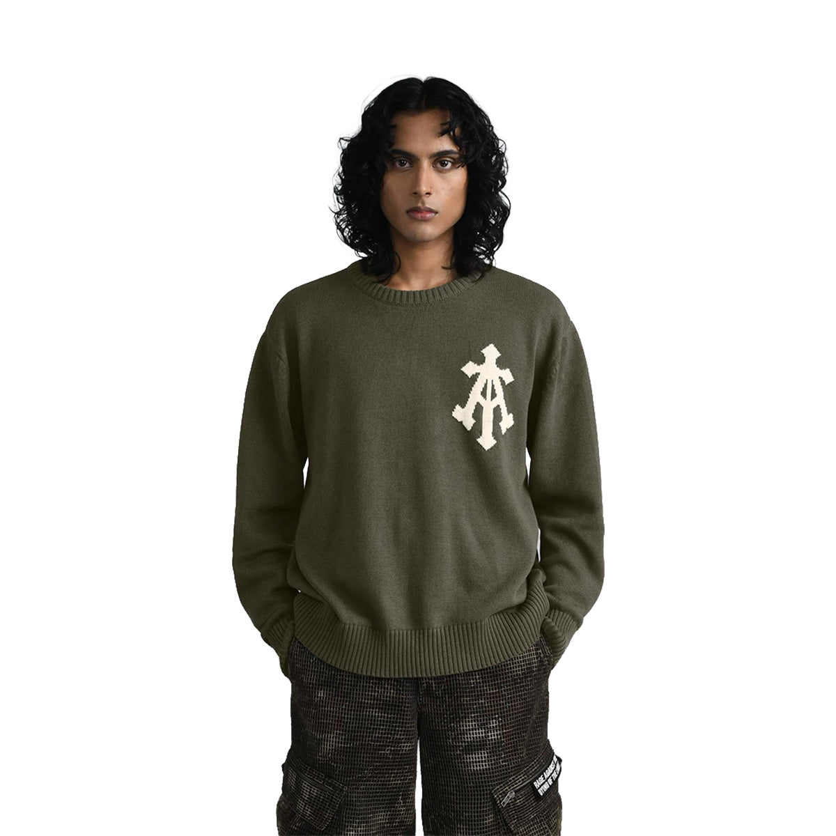 Alpha Cross Knit Sweater In Olive