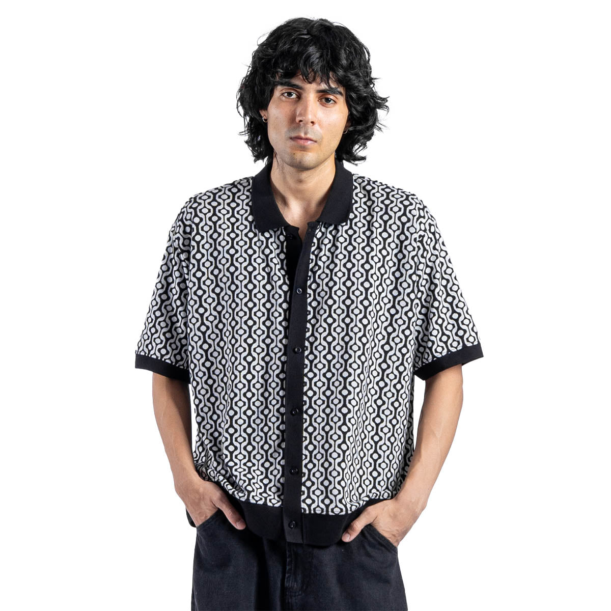 Testament Button Front Polo Ss Bkm