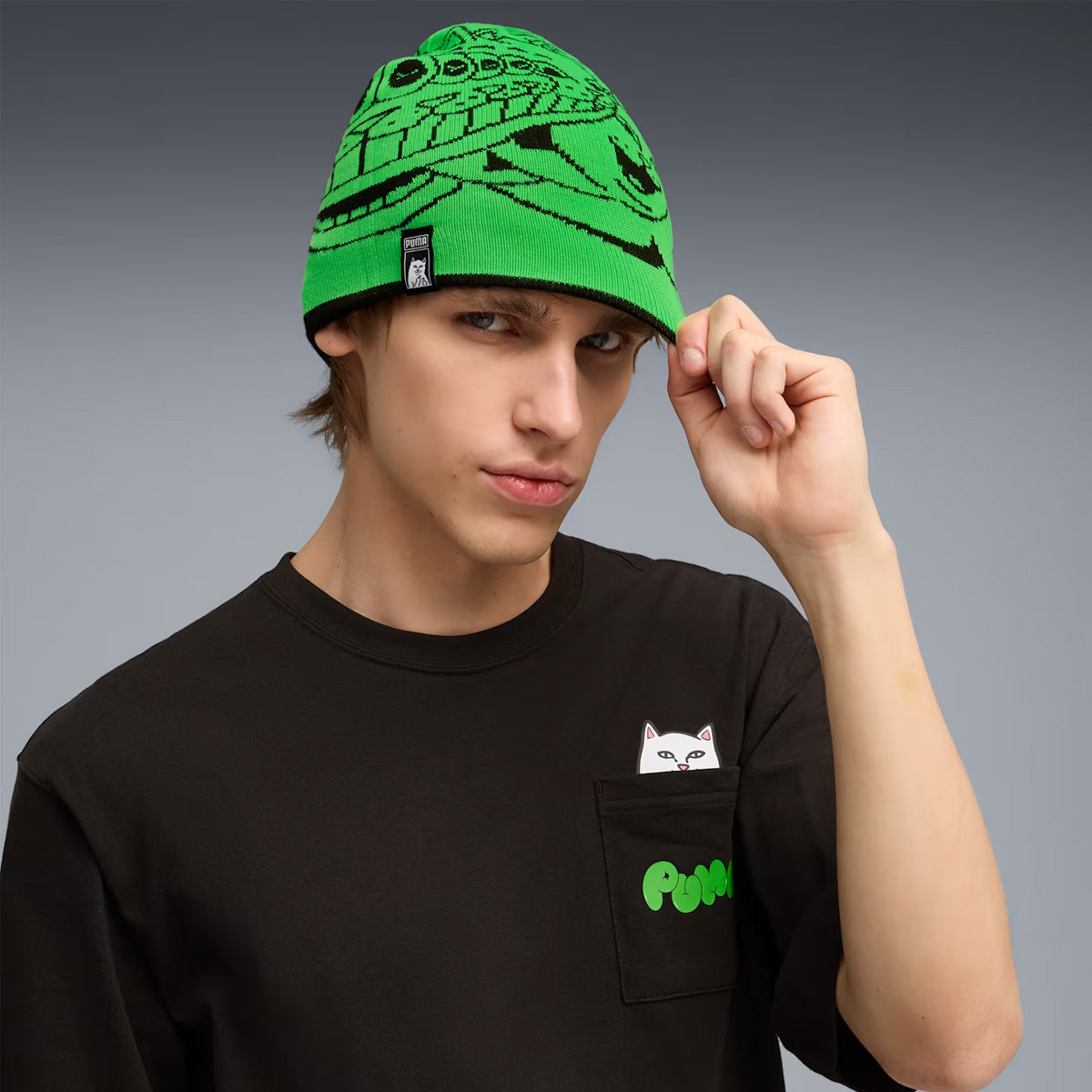 '+ RIPNDIP BEANIE 'Black/Fluro Green'
