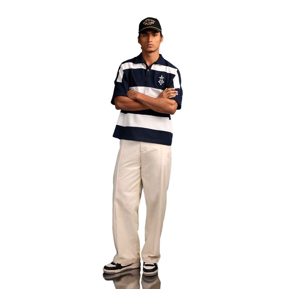 Alpha Cross Woven Striped Polo In Navy And White