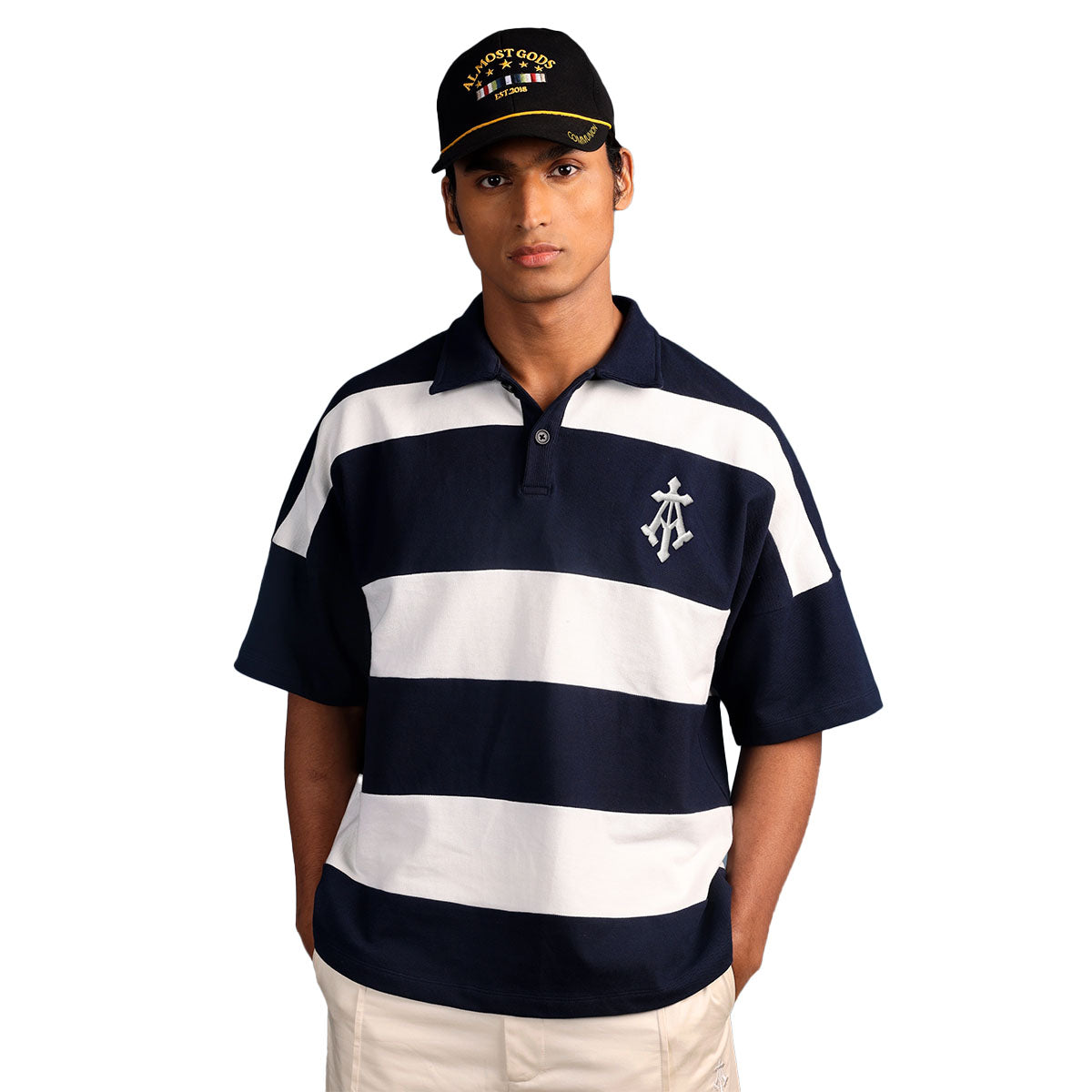 Alpha Cross Woven Striped Polo In Navy And White