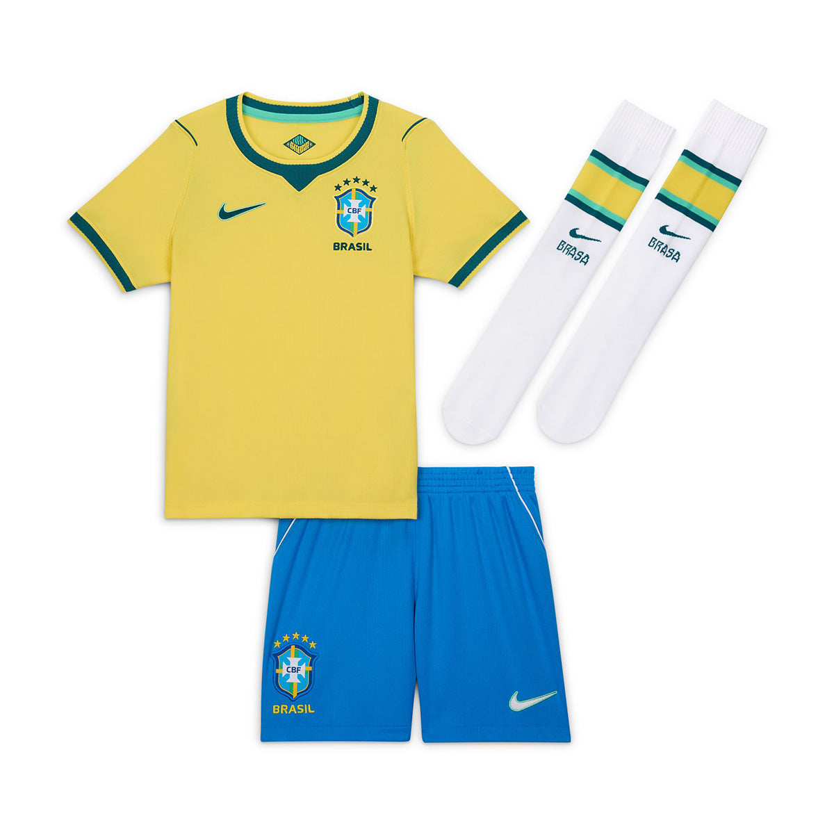 Brazil 2026 Stadium Home Little Kids' Soccer 3-Piece Kit 'CANARY/LIGHT MENTA/GEODE TEAL'