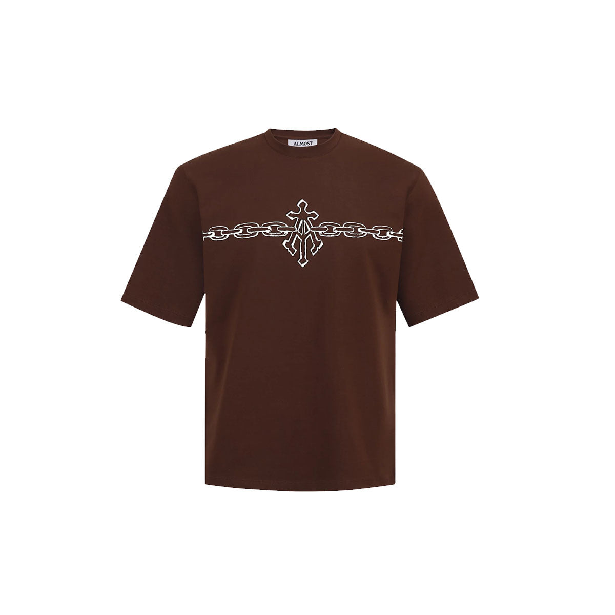 ALMOST GODS ALPHA CROSS CHAIN LINK TEE IN BROWN