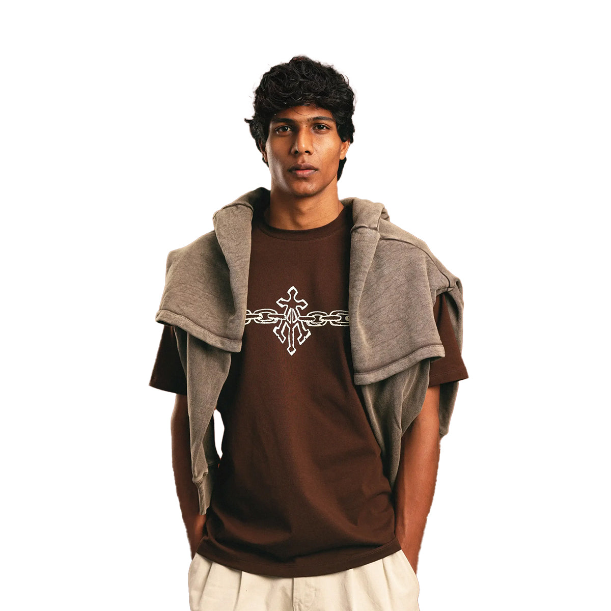 Alpha Cross Chain Link Tee in Brown