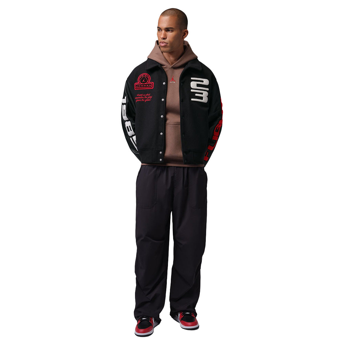 Jordan Flight Mens Varsity Jacket 'BLACK/BLACK/UNIVERSITY RED'